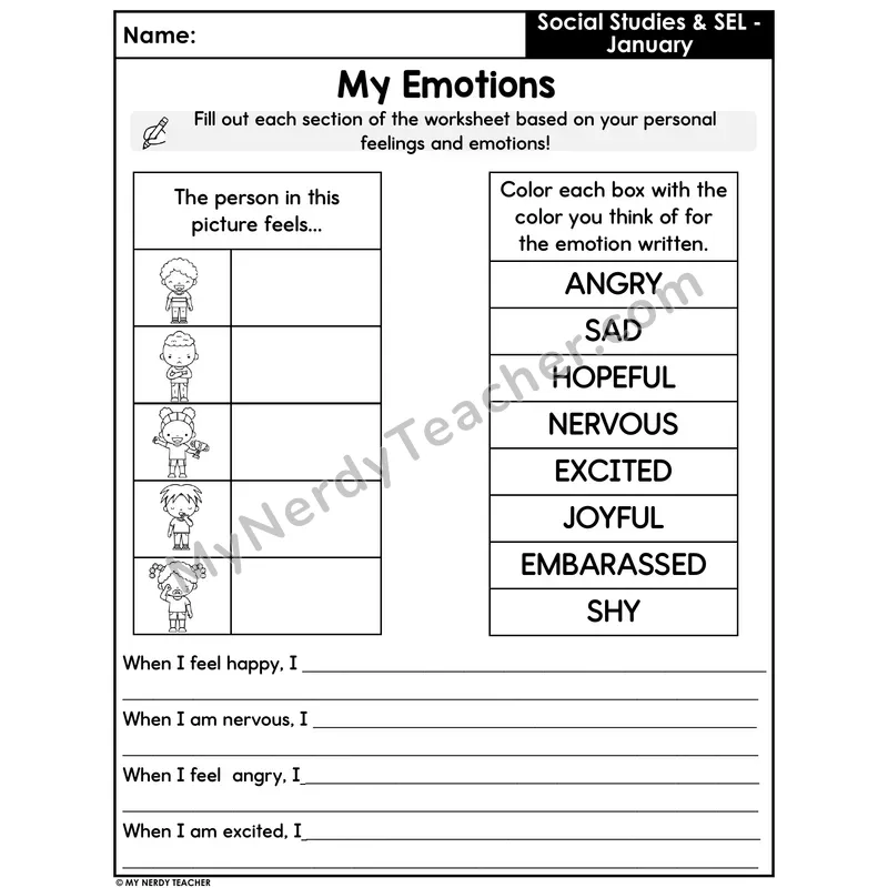 My Emotions SEL Worksheet — Identify, Color, and Reflect