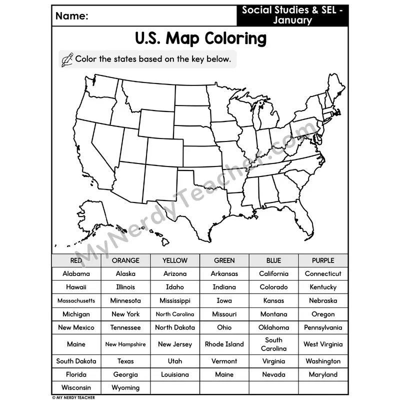US Map Coloring Worksheet — All 50 States Color by Code