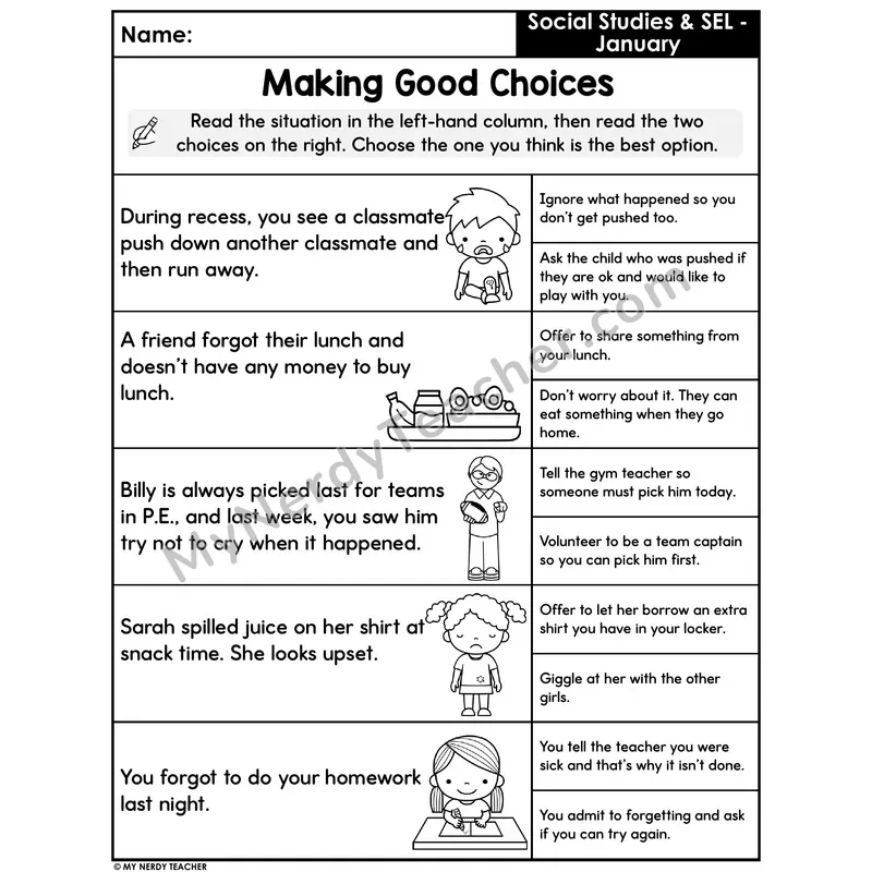 Making Good Choices SEL Worksheet — Read the Situation, Pick the Best Option