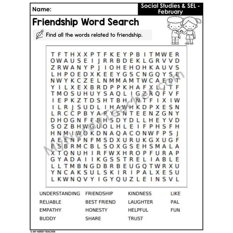 Friendship Vocabulary Word Search with Answer Key — 15 Friendship Words