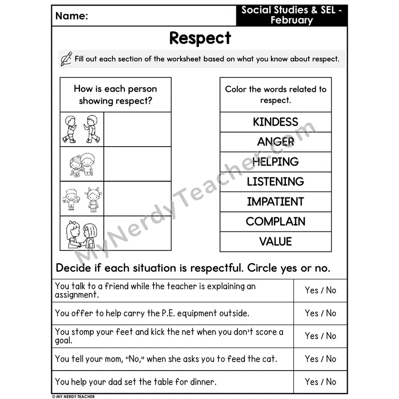 Respect SEL Worksheet — What Does Showing Respect Look Like?
