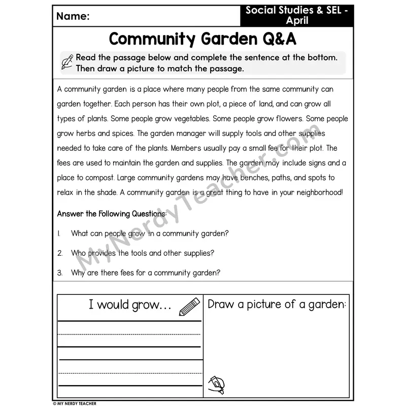 Community Garden Reading Comprehension and Q&A — Informational Passage