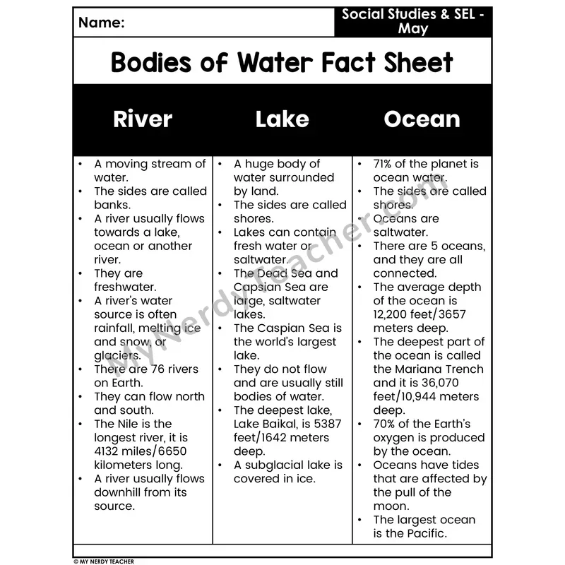 Bodies of Water Fact Sheet and Matching — River, Lake, Ocean