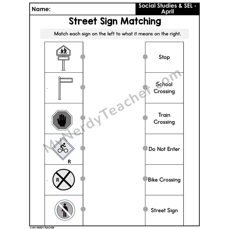 Street Sign Matching Worksheet — Common Road and Safety Signs