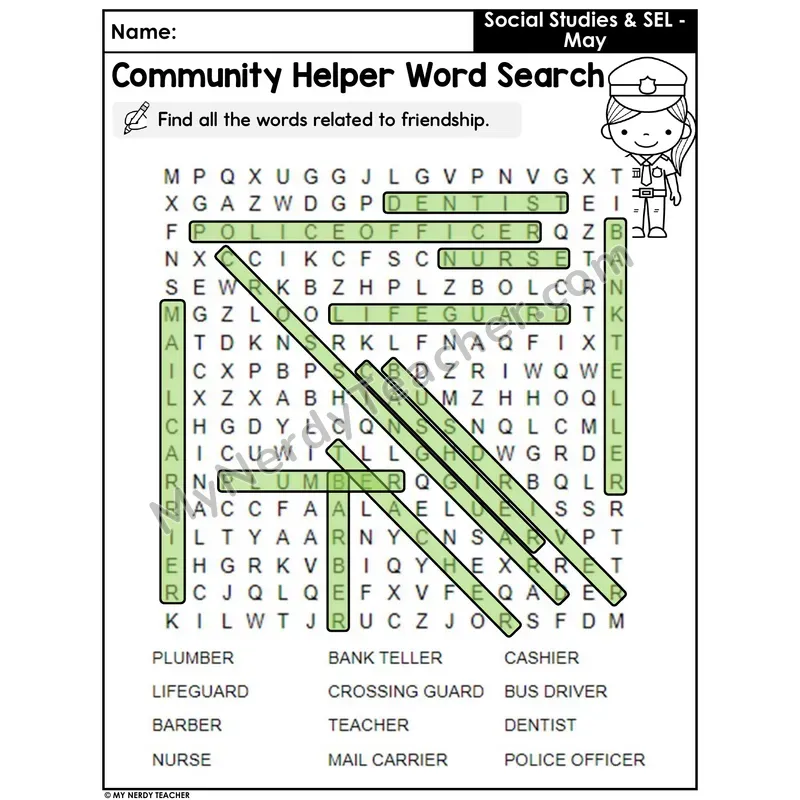 Community Helpers Vocabulary Word Search — Answer Key (Set 2)
