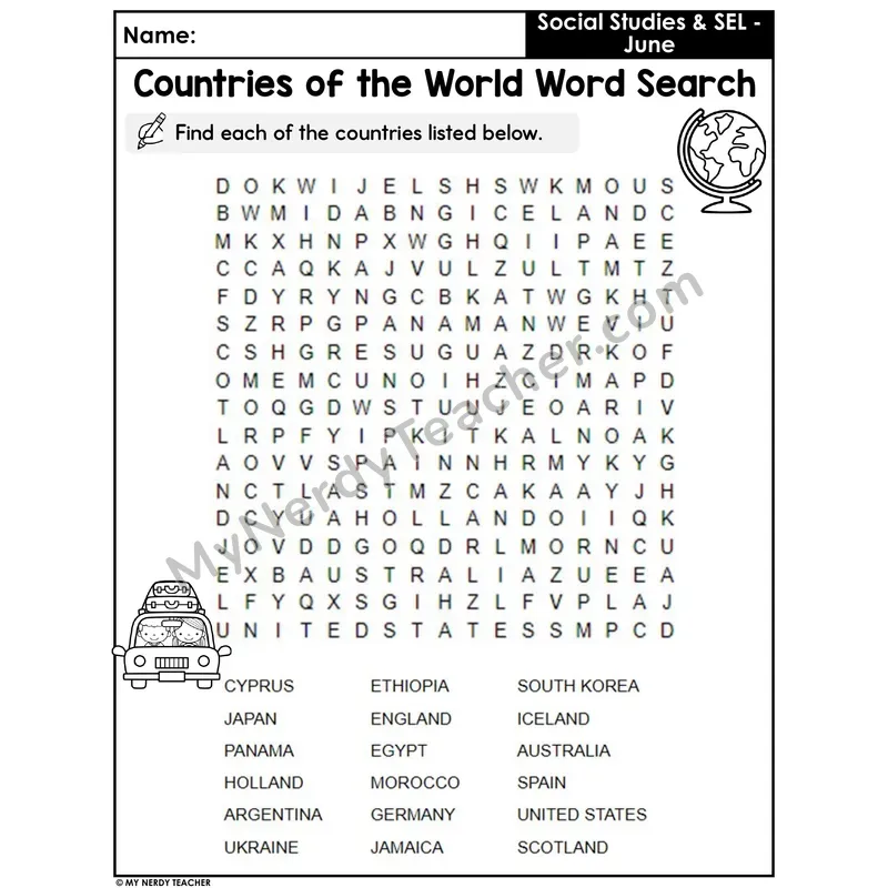 Countries of the World Word Search with Answer Key — 18 Countries