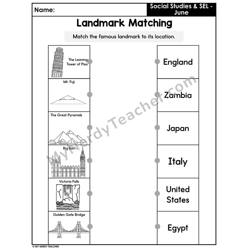 World Landmarks Matching Worksheet — Famous Landmarks to Their Country