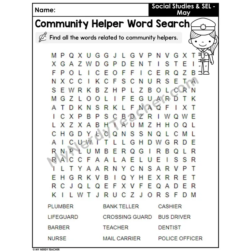 Community Helpers Vocabulary Word Search — 12 Helper Words