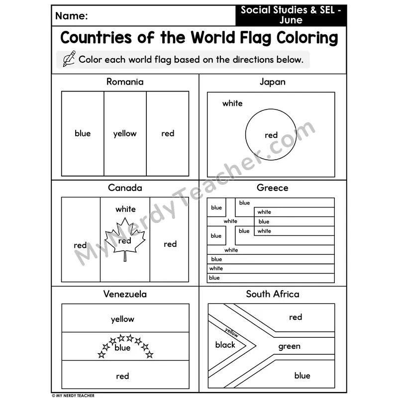 Countries of the World Flag Coloring Worksheet — 6 World Flags