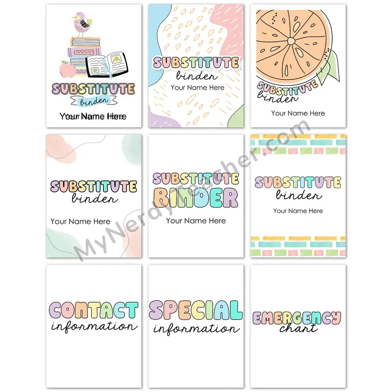 Editable Sub Binder Covers (PowerPoint) — 26 Customizable Substitute Teacher Folder Designs