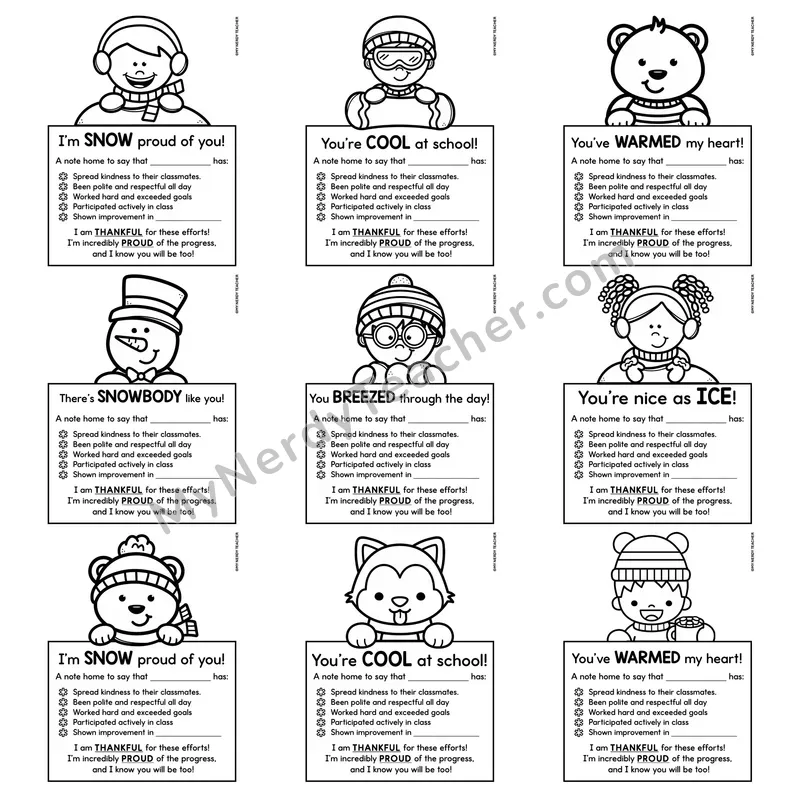 Positive Notes Home Toppers — January Winter Printable Character Notes (Cute Toppers)
