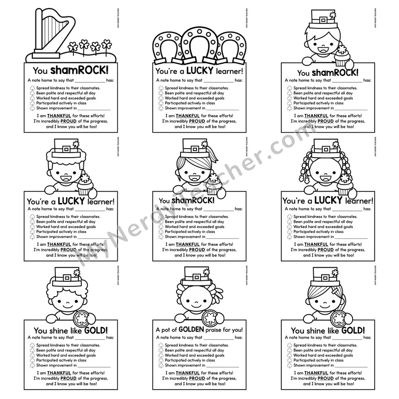 Positive Notes Home Toppers — March St. Patrick's Day Printable Character Notes (Cute Toppers)