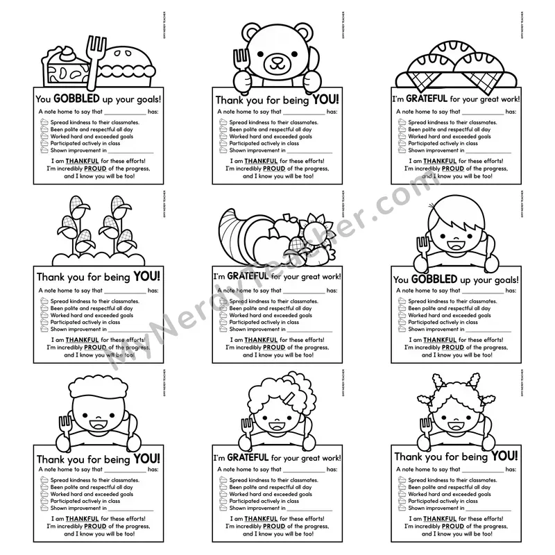 Positive Notes Home Toppers — November Thanksgiving Printable Character Notes (Cute Toppers)