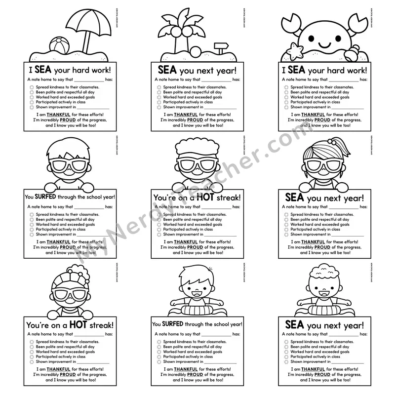 Positive Notes Home Toppers — June Summer Printable Character Notes (Cute Toppers)
