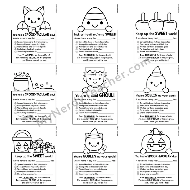 Positive Notes Home Toppers — October Halloween Printable Character Notes (Cute Toppers)