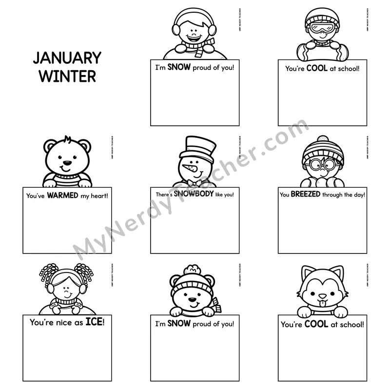 Positive Notes Home Toppers — January Winter Blank Character Note Cards (Cute Toppers, Editable)