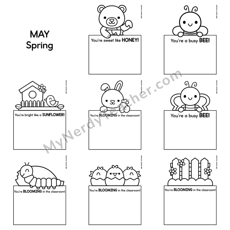 Positive Notes Home Toppers — May Spring Blank Character Note Cards (Cute Toppers, Editable)