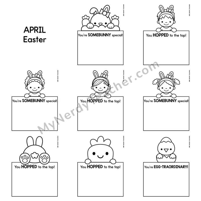 Positive Notes Home Toppers — April Easter Blank Character Note Cards (Cute Toppers, Editable)
