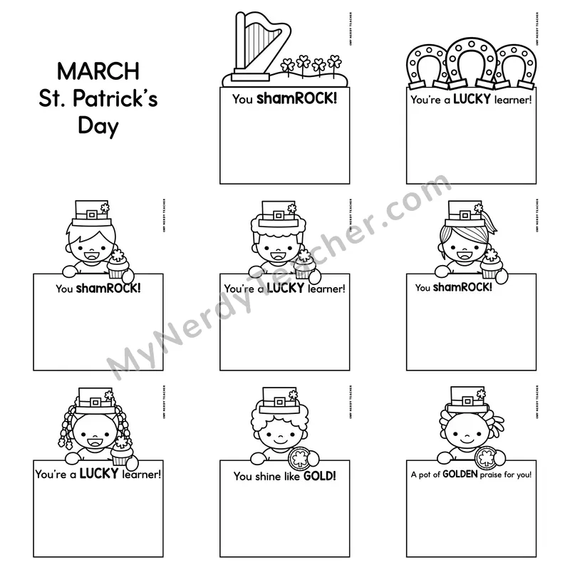 Positive Notes Home Toppers — March St. Patrick's Day Blank Character Note Cards (Cute Toppers, Editable)