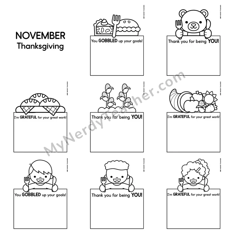 Positive Notes Home Toppers — November Thanksgiving Blank Character Note Cards (Cute Toppers, Editable)