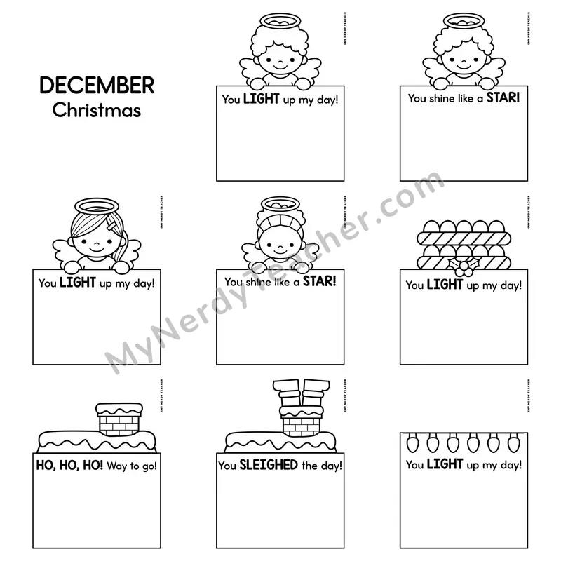 Positive Notes Home Toppers — December Christmas Blank Character Note Cards (Cute Toppers, Editable)