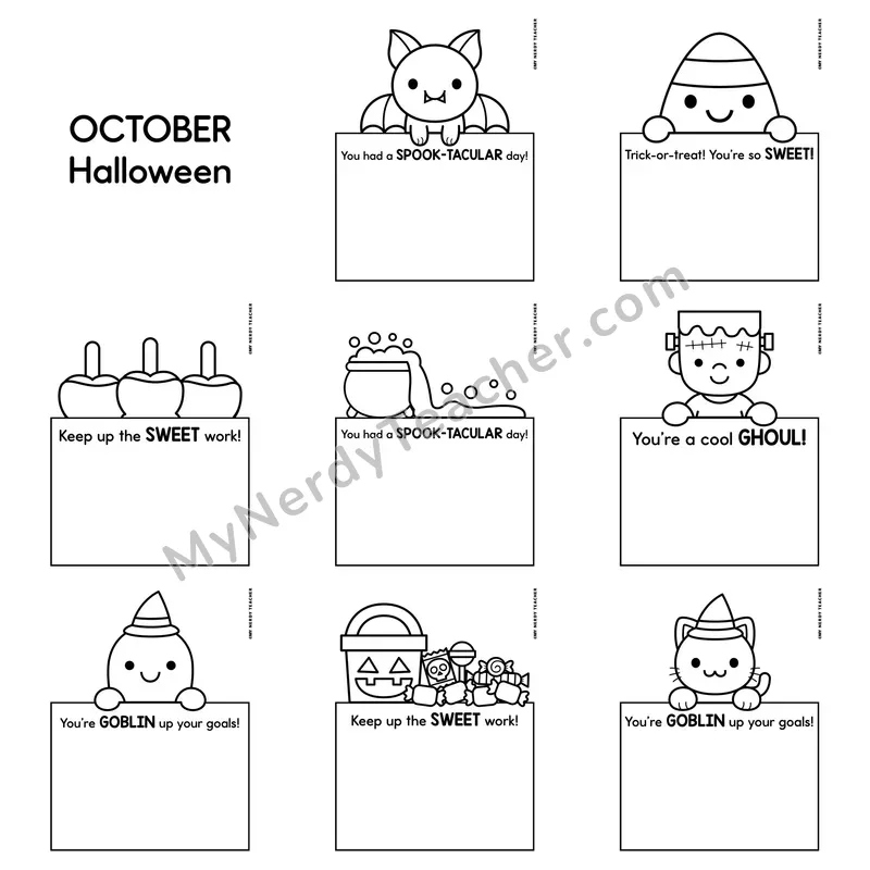 Positive Notes Home Toppers — October Halloween Blank Character Note Cards (Cute Toppers, Editable)