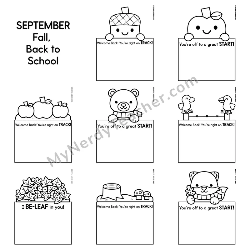 Positive Notes Home Toppers — September Fall, Back to School Blank Character Note Cards (Cute Toppers, Editable)