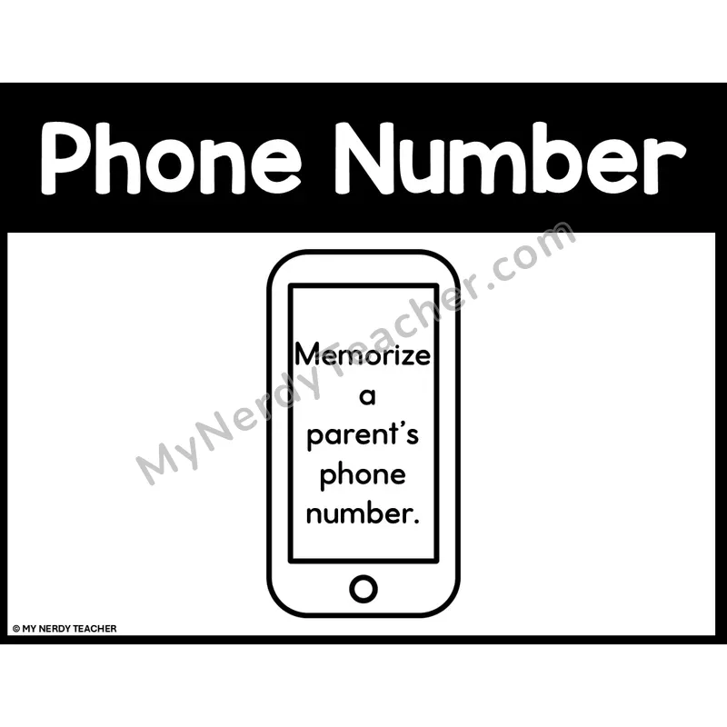 Memorize a Parent's Phone Number Life Skills Poster — Black and White Editable PPT Anchor Chart