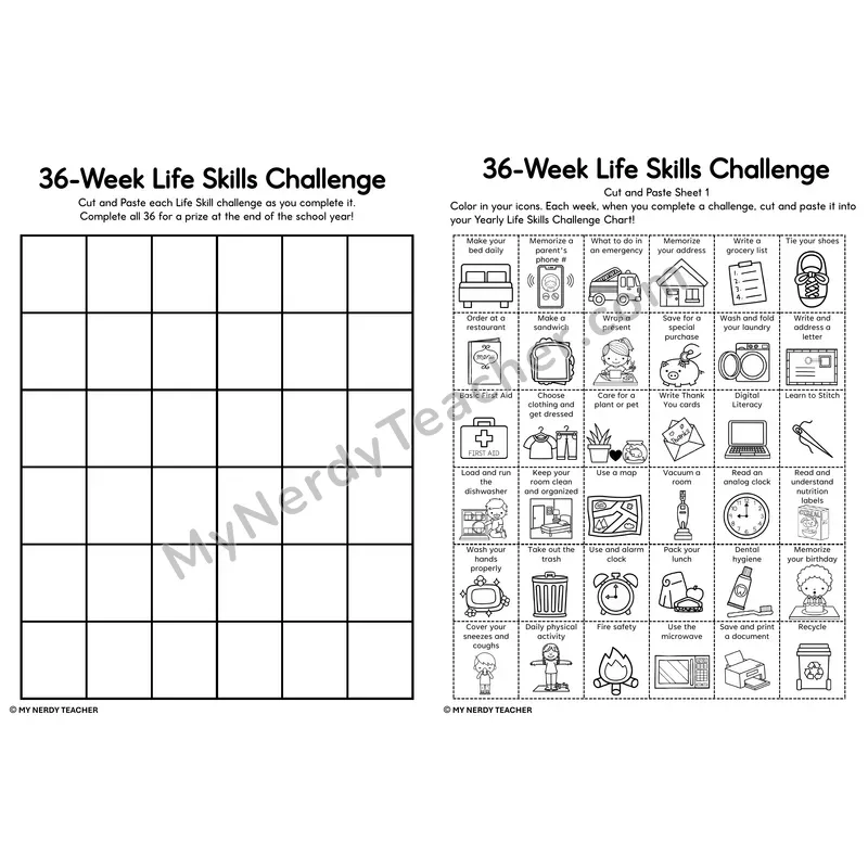 36-Week Life Skills Challenge Tracker — Printable PDF Yearly Chart