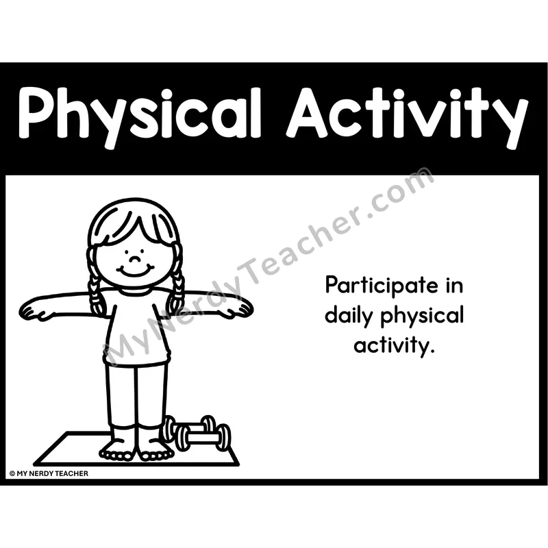 Daily Physical Activity Life Skills Poster — Black and White Printable PDF Anchor Chart