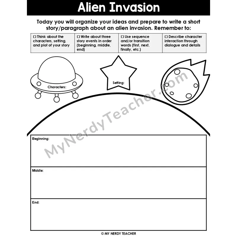 Narrative Writing: Alien Invasion — Editable Graphic Organizer
