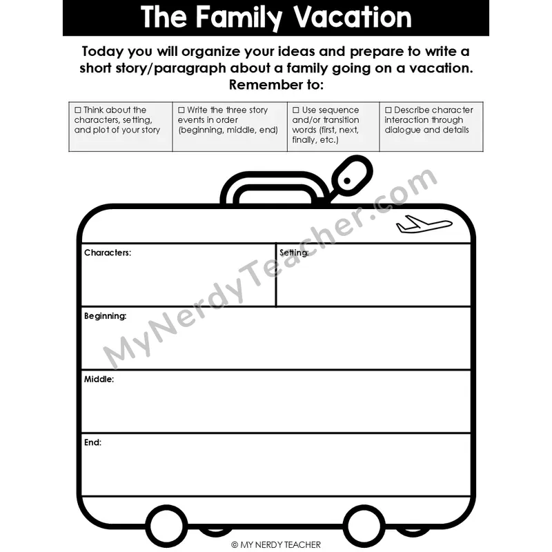 Narrative Writing: The Family Vacation — Editable Graphic Organizer