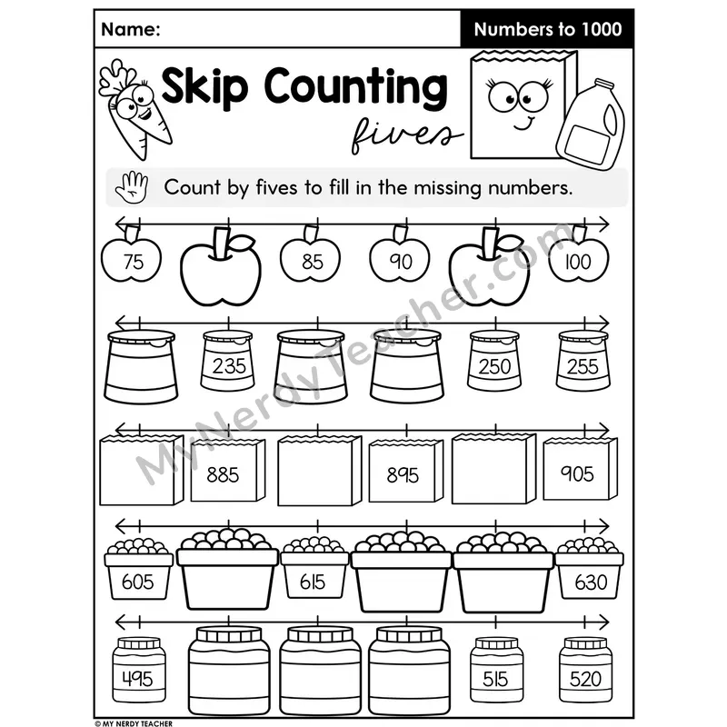Skip Counting by 5s Worksheet — Fill in the Missing Numbers Within 1000