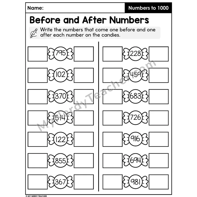 Before and After Numbers Worksheet — Three-Digit Number Sequencing
