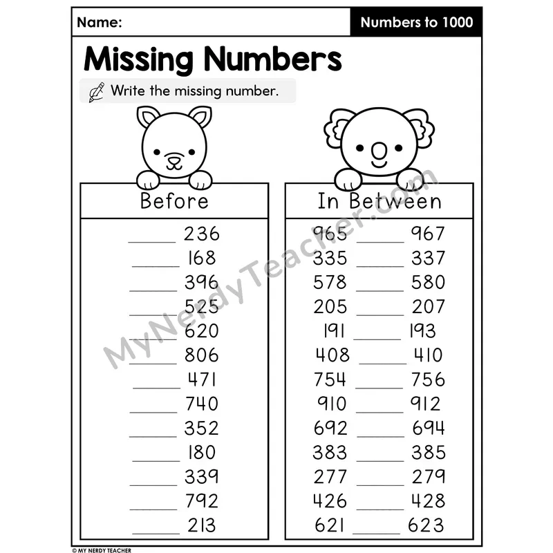 Missing Numbers Worksheet — Before and In Between Three-Digit Numbers