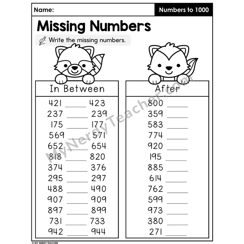 Missing Numbers Worksheet — In Between and After Three-Digit Numbers