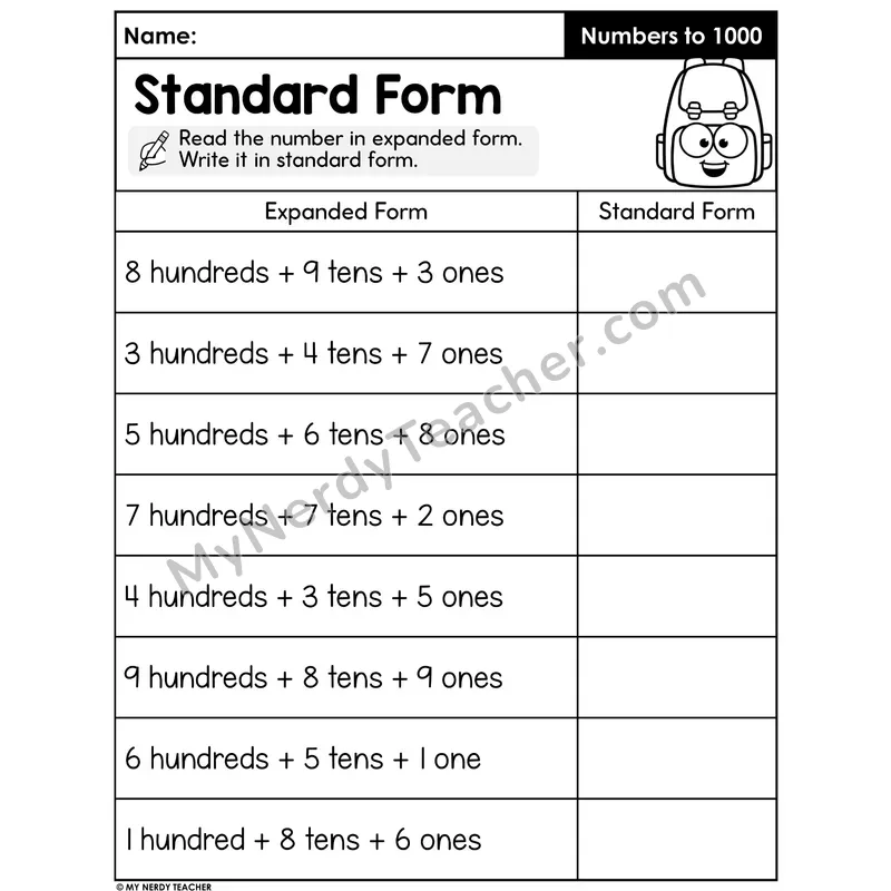 Expanded Form to Standard Form Worksheet — Three-Digit Numbers