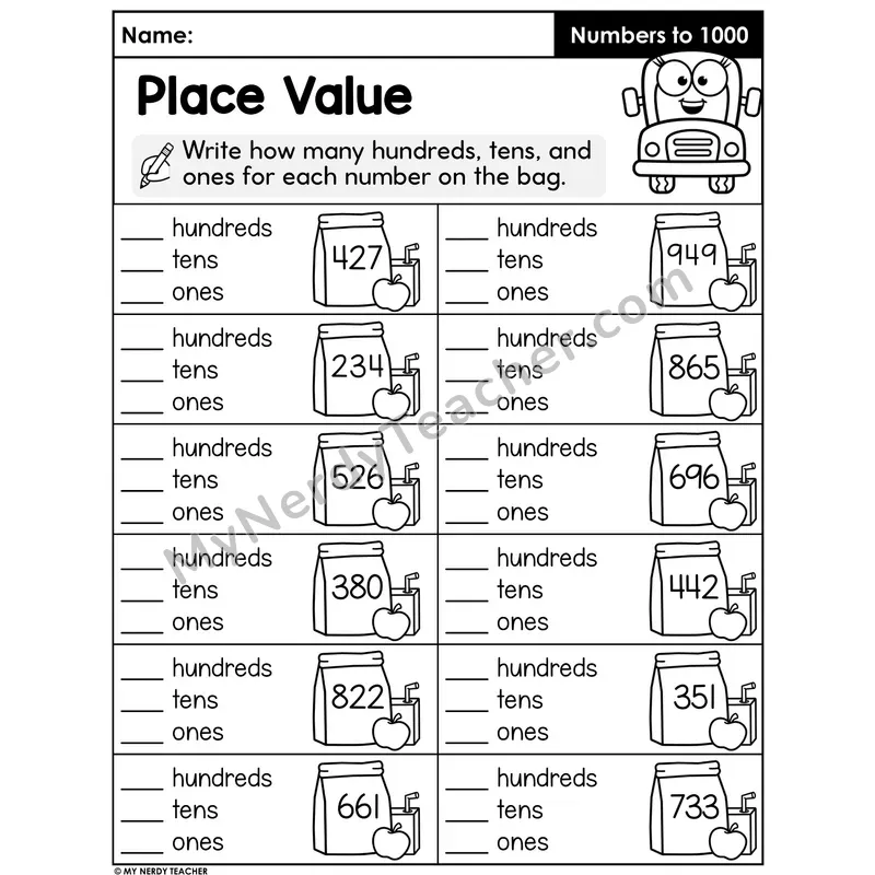 Place Value Practice — Hundreds, Tens and Ones for Three-Digit Numbers