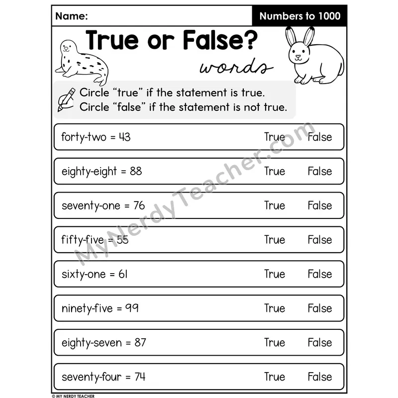 Number Words True or False Worksheet — Two-Digit Number Names