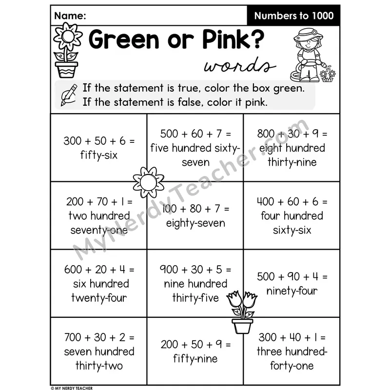 Expanded Form and Number Words Worksheet — Three-Digit Numbers True or False