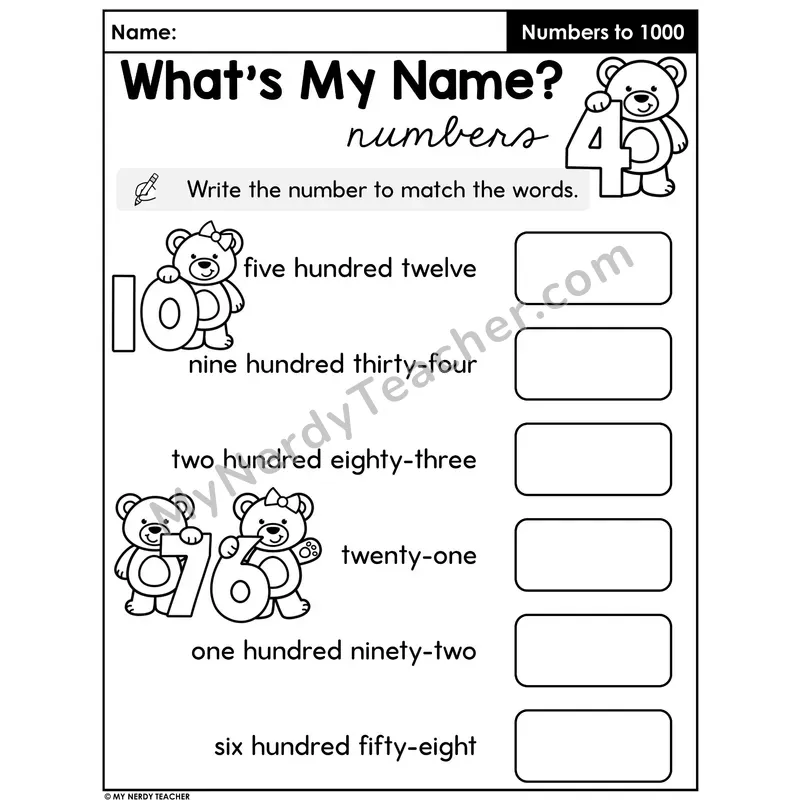 Number Words to Numerals Worksheet — Three-Digit Numbers