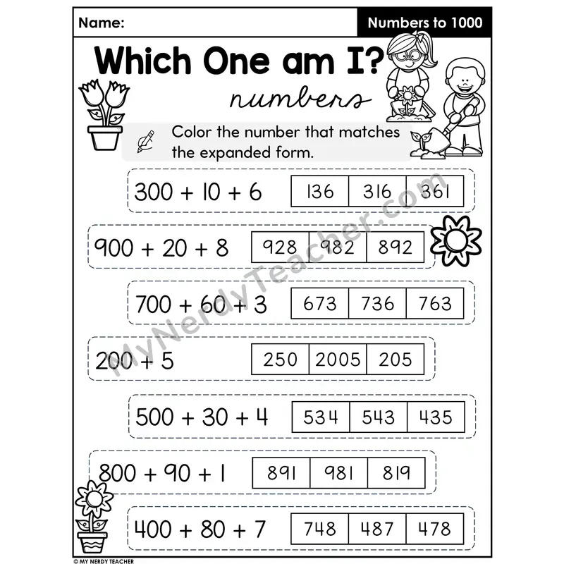 Expanded Form Match Worksheet — Color the Three-Digit Number
