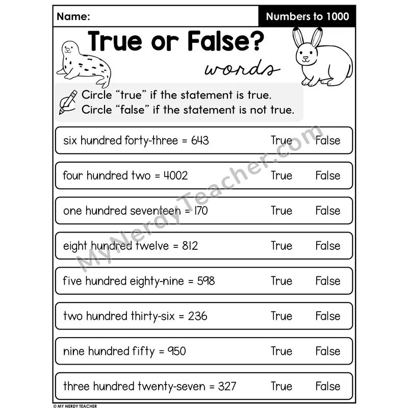 Three-Digit Number Words True or False Worksheet — Number Names Match