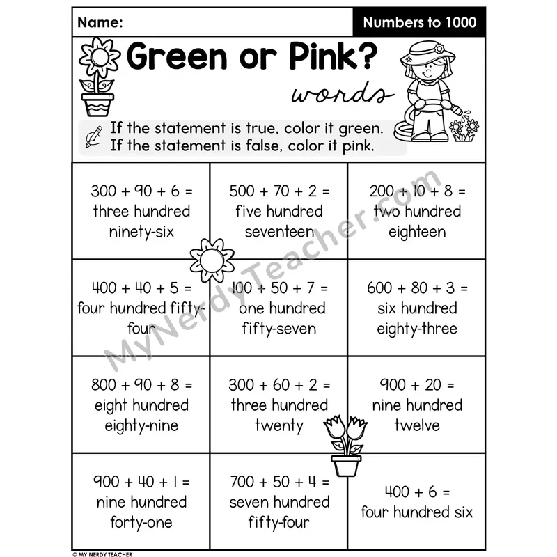 Expanded Form to Number Words Worksheet — Three-Digit Numbers True or False