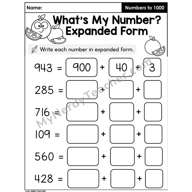 Expanded Form Practice — Three-Digit Numbers in Boxes