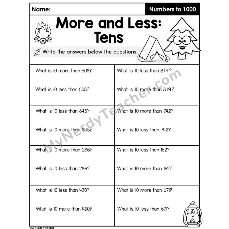 10 More and 10 Less Practice — Three-Digit Number Mental Math Questions
