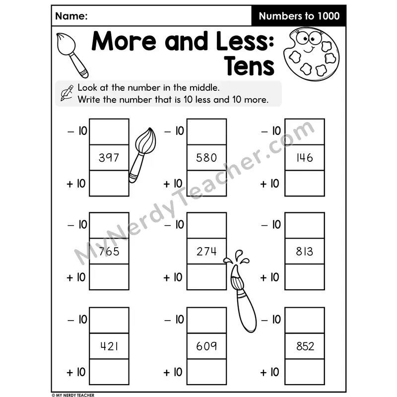 10 More and 10 Less Worksheet — Three-Digit Numbers Mental Math