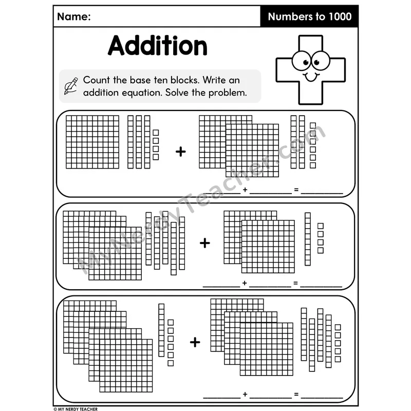 Three-Digit Addition with Base Ten Blocks Worksheet — Adding Within 1000