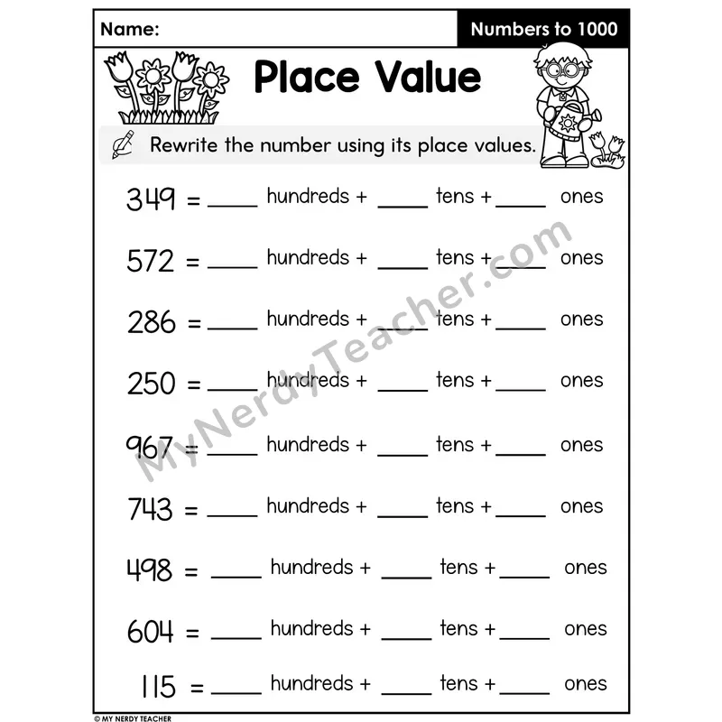 Place Value Worksheet — Rewrite Three-Digit Numbers as Hundreds, Tens, and Ones