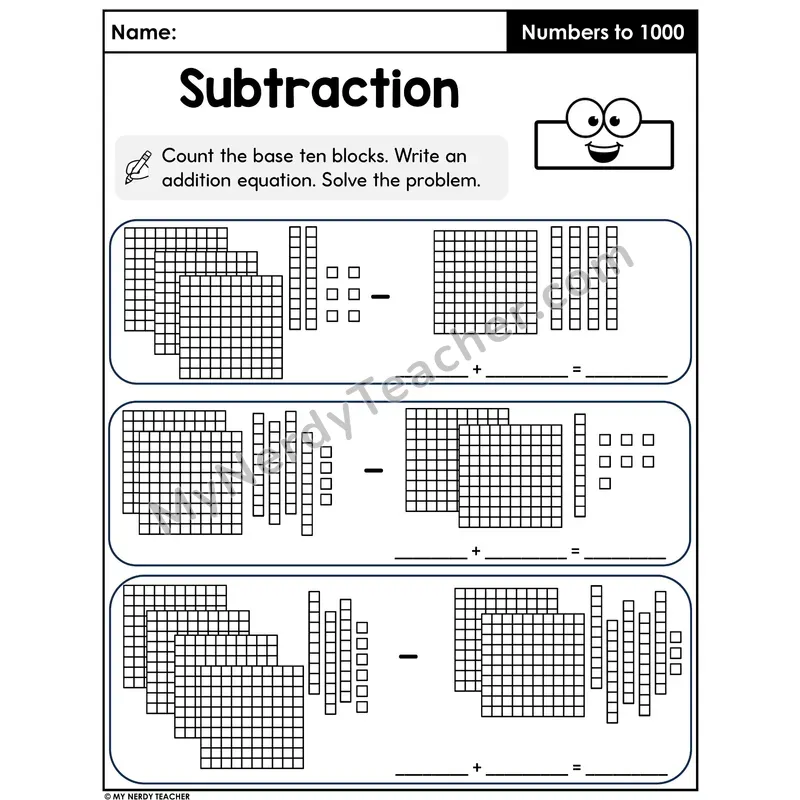 Three-Digit Subtraction with Base Ten Blocks Worksheet — Subtracting Within 1000